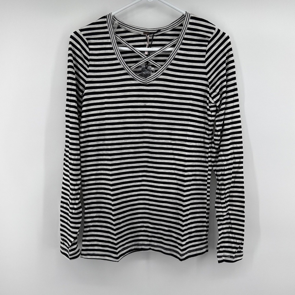 Poof Apparel Womens Long Sleeve Striped V-Neck Criss Cross Top Black Grey L NEW